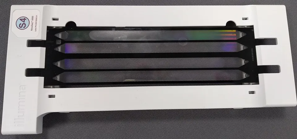 A sequencer flow cell: single-cell gene readouts like the challenge's data are read on glass chips like this