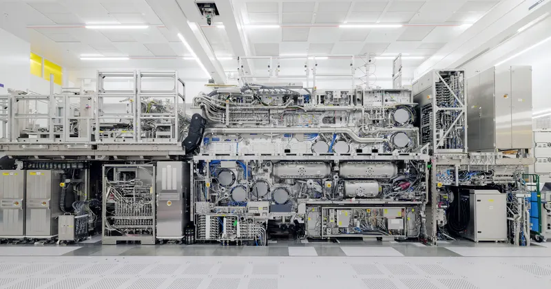 An EXE:5000 High-NA scanner in ASML's Veldhoven lab: light source, mirror optics and wafer stages in one bus-sized machine