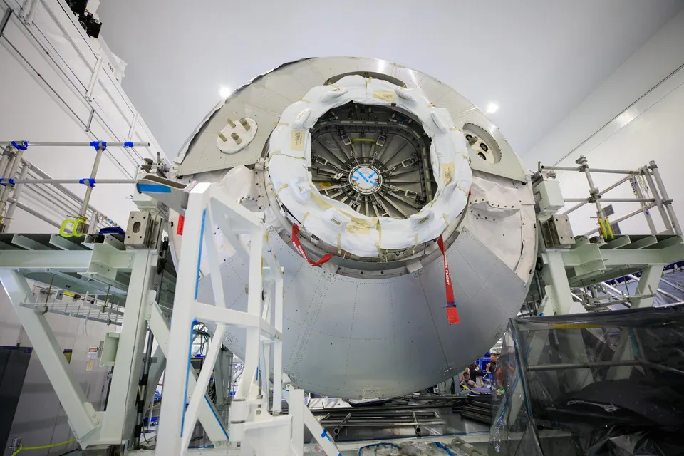 Not Axiom's module: an Italian-built shuttle-era cargo module Axiom now owns, a riveted aluminium pressure hull like those Thales Alenia builds for Axiom