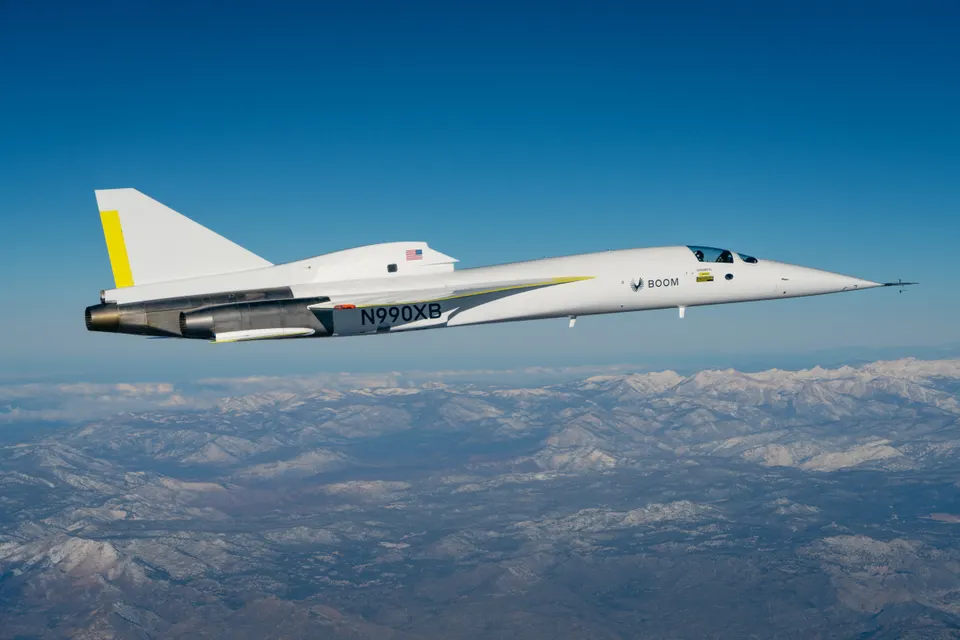 Not Overture: Boom's one-third-scale XB-1 demonstrator, a carbon-composite jet with a long slender delta wing, the shape Overture scales up