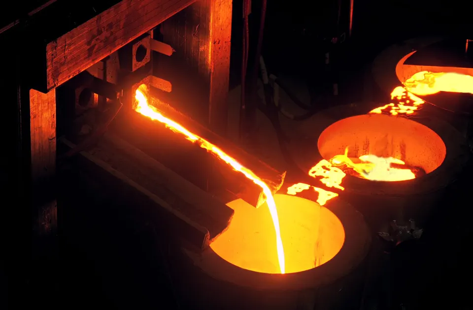 Molten metal tapped from the bottom of Boston Metal's industrial-scale MOE cell in Woburn, Massachusetts, February 2025
