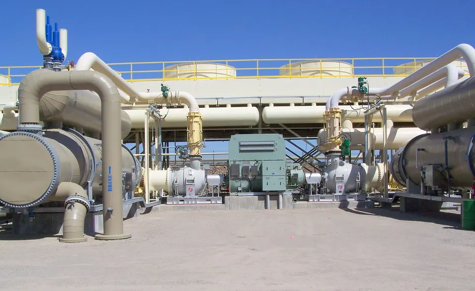 A binary geothermal plant in Nevada: hot brine heats a second fluid that spins the turbines, as at Cape Station