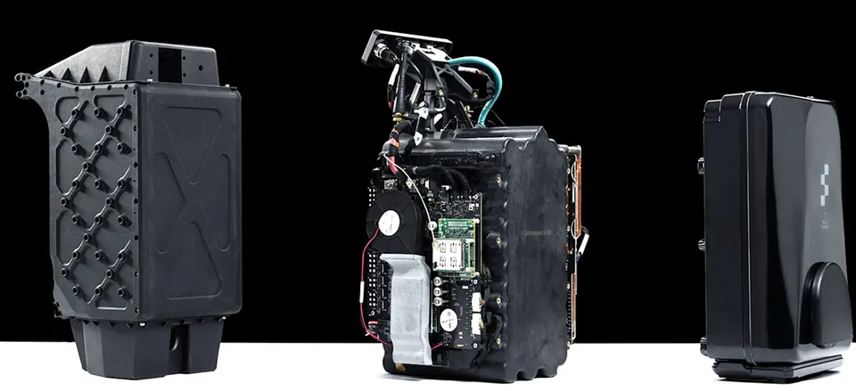 Figure's torso batteries, left to right: Figure 01, 02 and 03 (2.3 kWh), opened in the middle to show cells and control boards