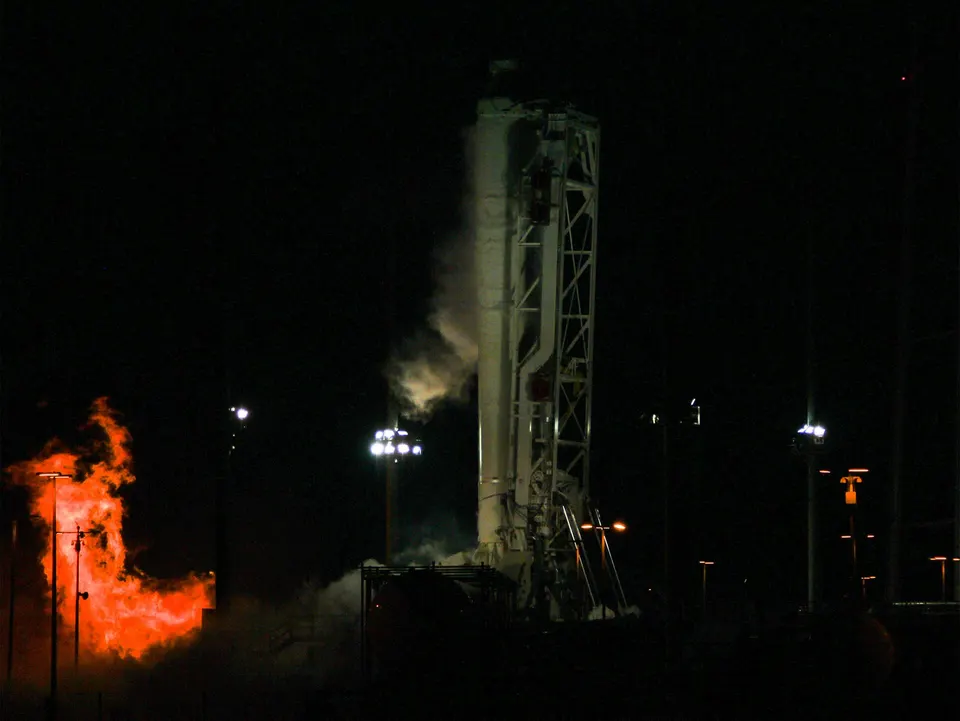 Not Eclipse: Northrop Grumman's earlier Antares first stage test-firing its kerosene engines on the pad; Eclipse's first stage replaces it