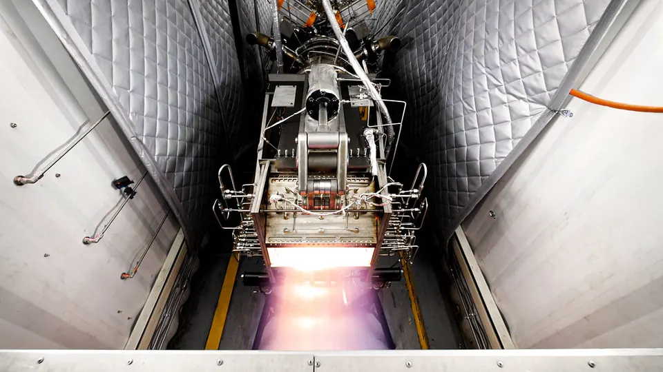 Hermeus's Chimera engine firing on a test stand: an off-the-shelf jet engine wrapped in a ramjet, the combination the Quarterhorse steps build toward