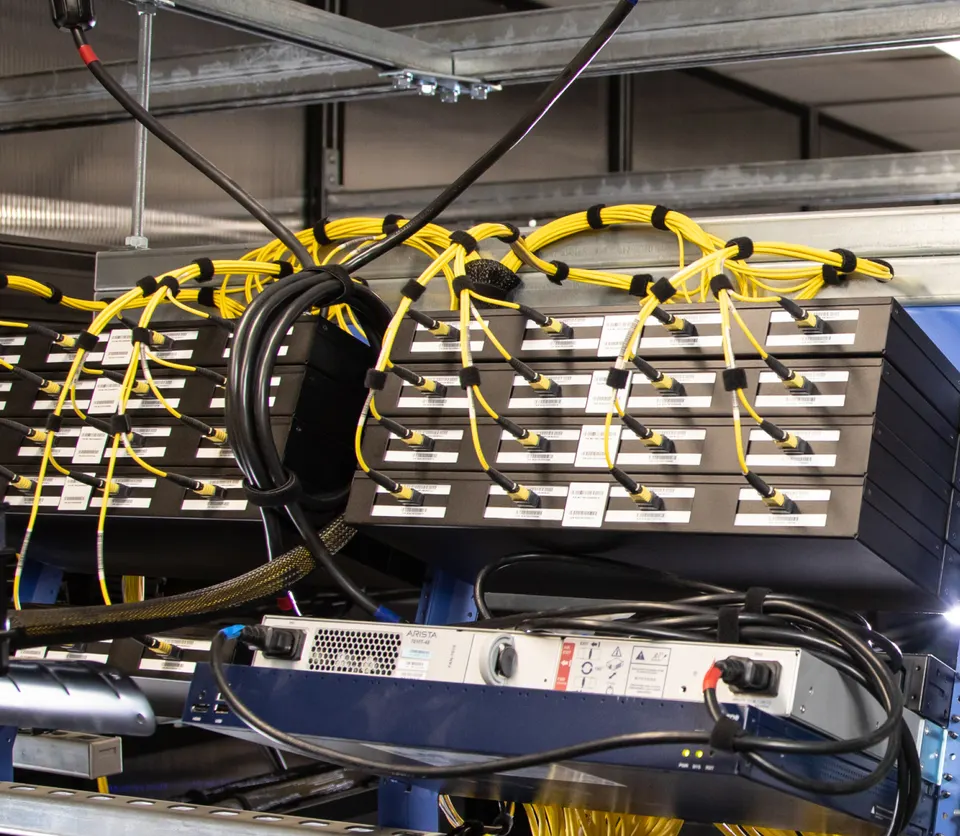 Fibre network gear in a Meta data centre: links like these tie thousands of GPUs across buildings into one training job