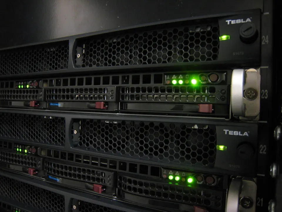 GPU servers stacked in a rack: Kimi's trillion-parameter models are trained on NVIDIA GPU clusters built from machines like these