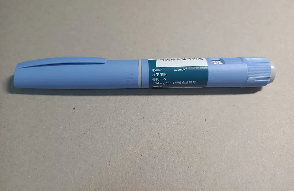 An Ozempic pen holding semaglutide, one of CagriSema's two ingredients; CagriSema is also a weekly under-the-skin shot