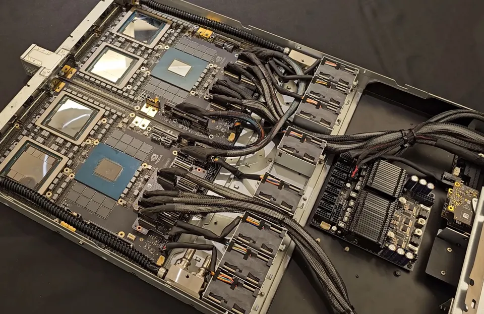 A Blackwell-generation GB200 compute tray, not Vera Rubin: four GPUs and two CPUs per tray, the layout Vera Rubin keeps