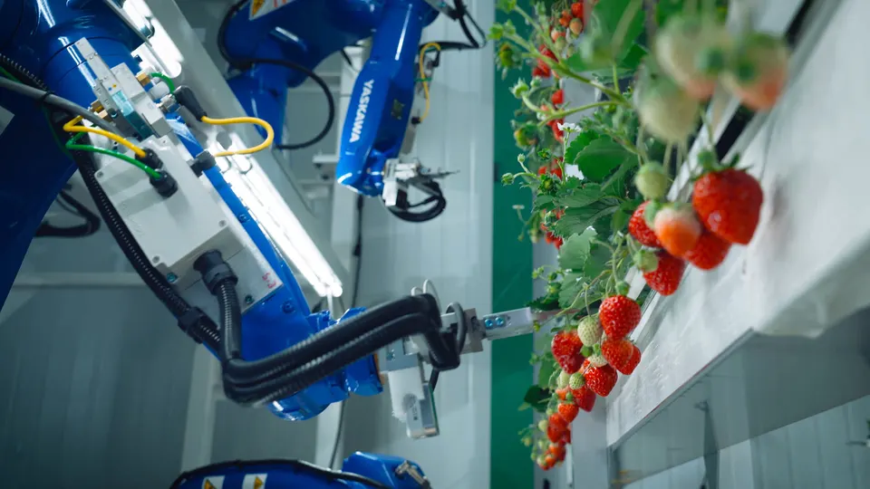 Robot arms moving along a rack of strawberry plants at an Oishii farm, where robots help pick and check the fruit