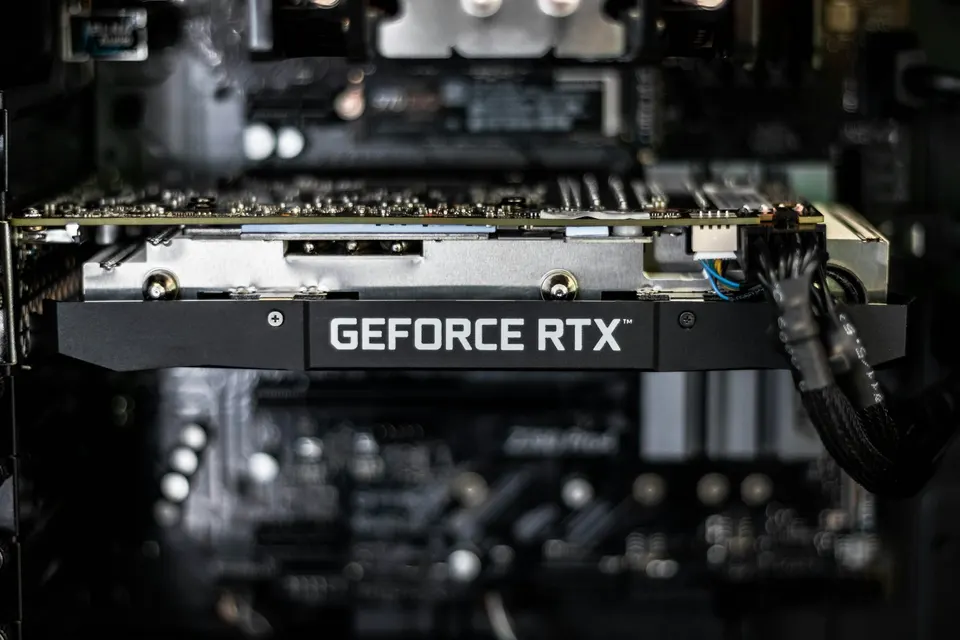 A GeForce RTX graphics card inside a desktop PC: the smaller gpt-oss model runs on a single consumer GPU like this