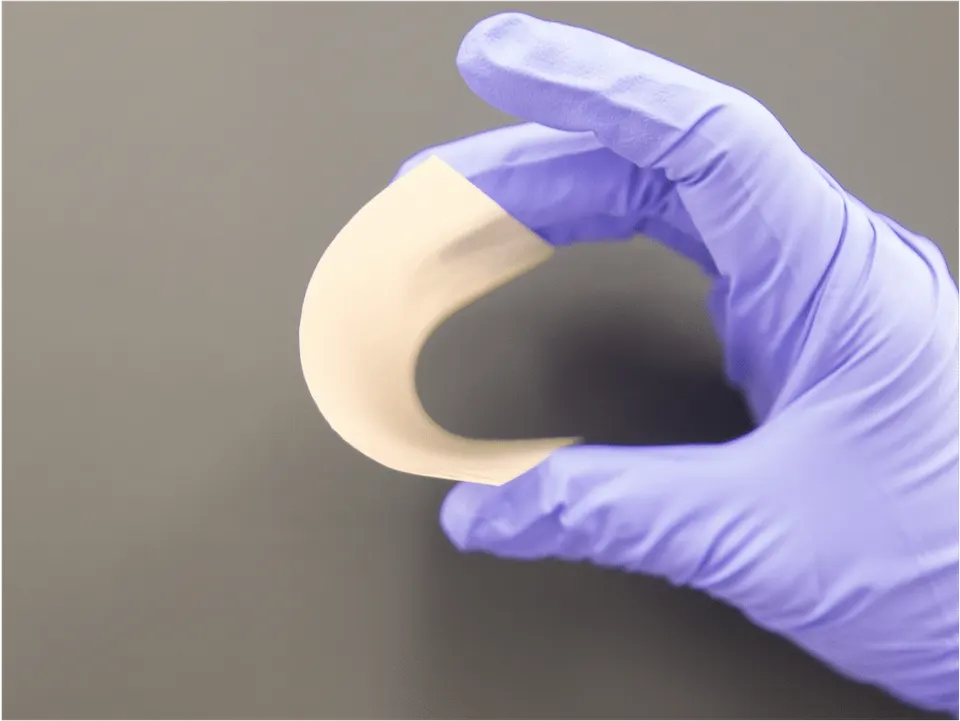 QuantumScape's ceramic separator, thin enough to flex: the solid wall between the electrodes inside its cells