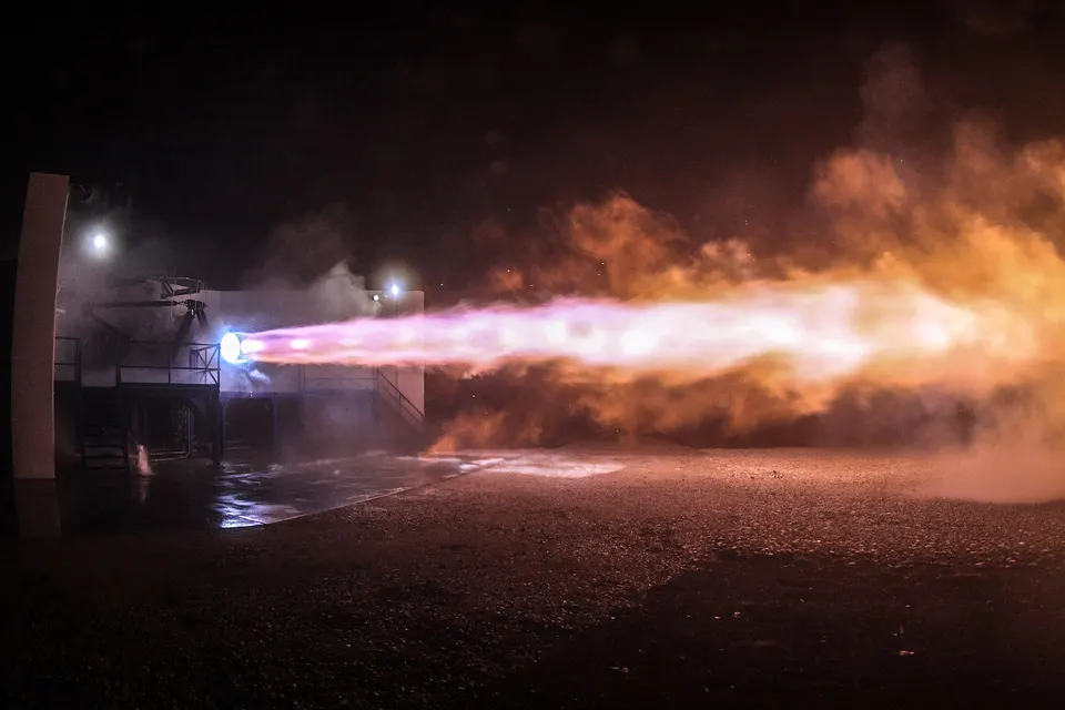 Not Neutron: SpaceX's Raptor test-fired on a stand in 2016. Neutron's Archimedes burns the same methane and oxygen and is tested the same way