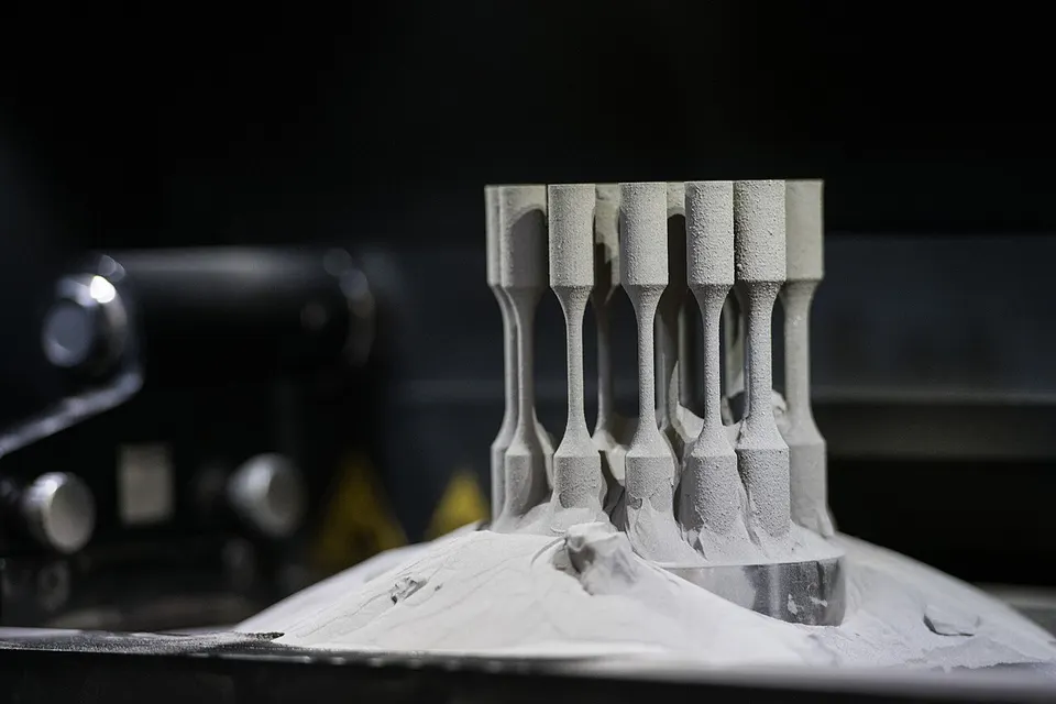 Metal parts rising out of the powder bed after a laser print: Seurat builds parts the same layer-by-layer way, but melts whole tiles per laser pulse