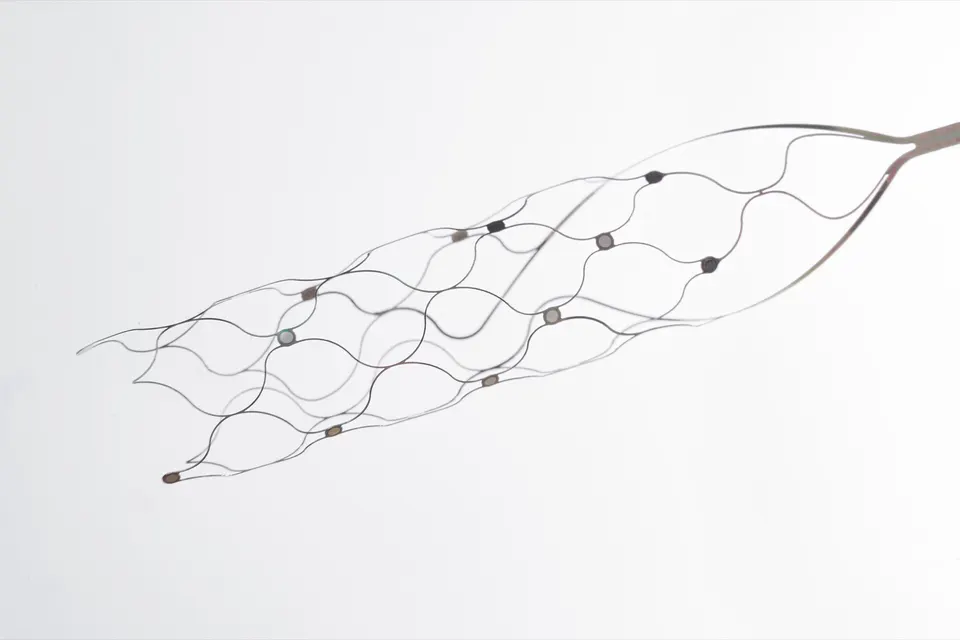 The Stentrode: a mesh stent studded with small electrode pads; it expands against the wall of a vein on top of the brain's motor area