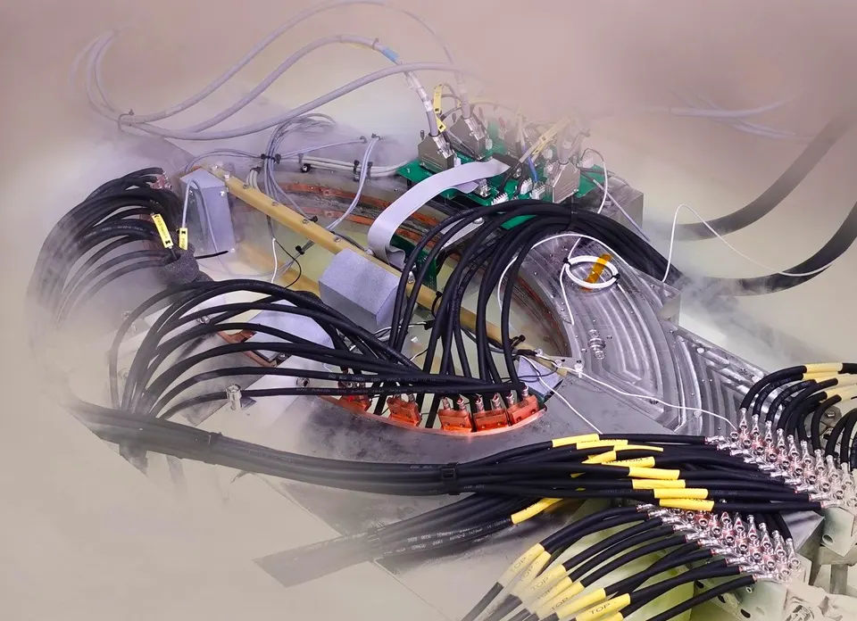 One limb of Demo4's superconducting magnets being tested in liquid nitrogen, wired with sensors