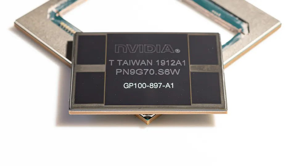 An NVIDIA P100 (2016), an early CoWoS package: the GPU in the middle and four HBM memory stacks beside it on one silicon interposer