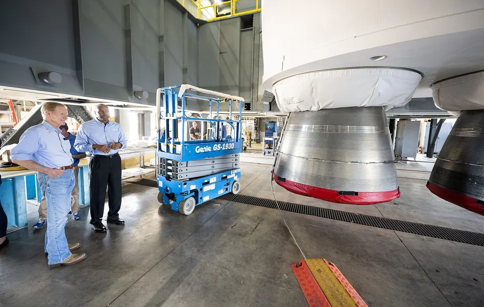 The base of a Vulcan booster in the assembly building: the nozzles of its two BE-4 methane engines, covered for protection
