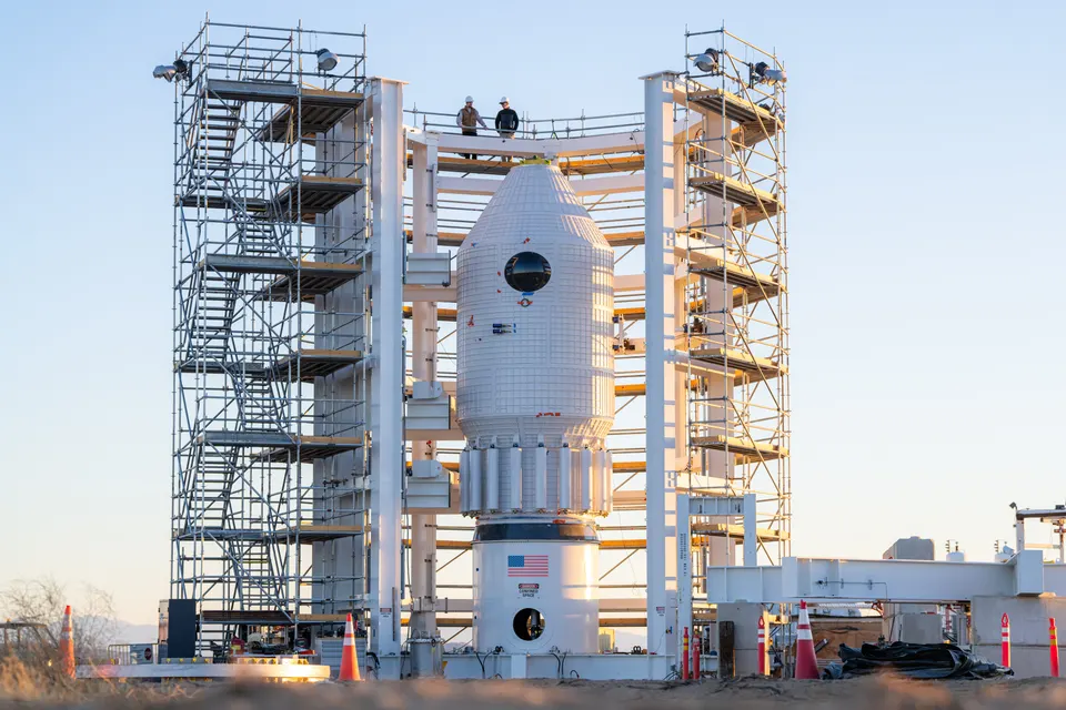 Haven-1's full-size test structure at a Mojave test stand in 2025: the single module that is the whole station, with its domed window near the top