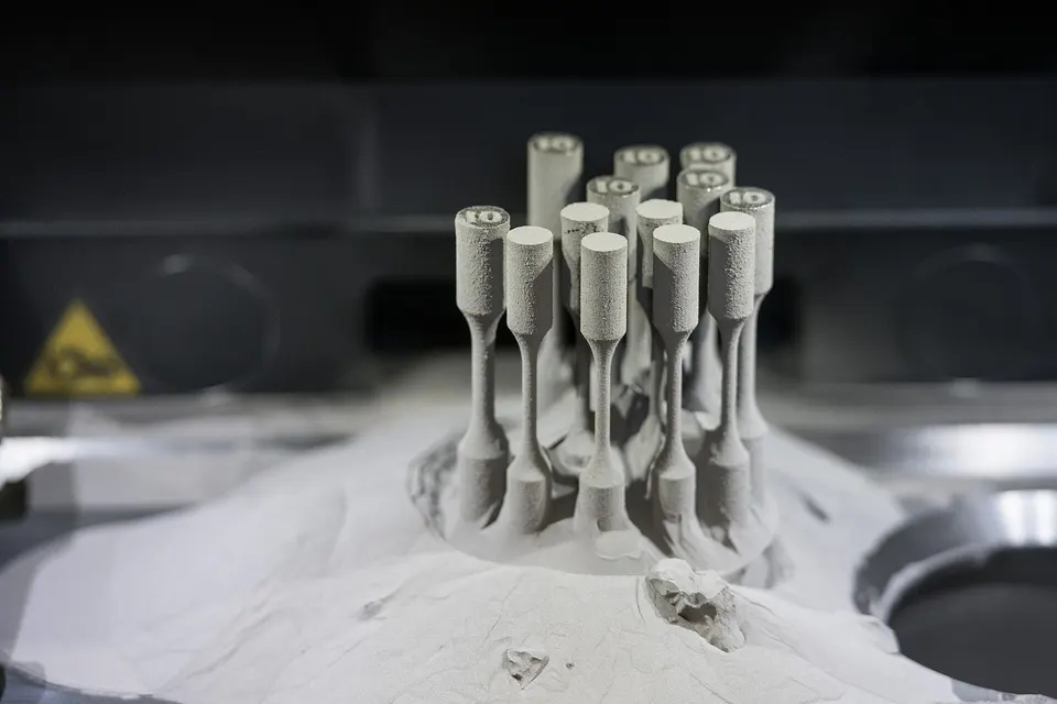 Metal test parts standing in the powder bed after a laser powder-bed print: the process Sapphire uses, not a Velo3D machine